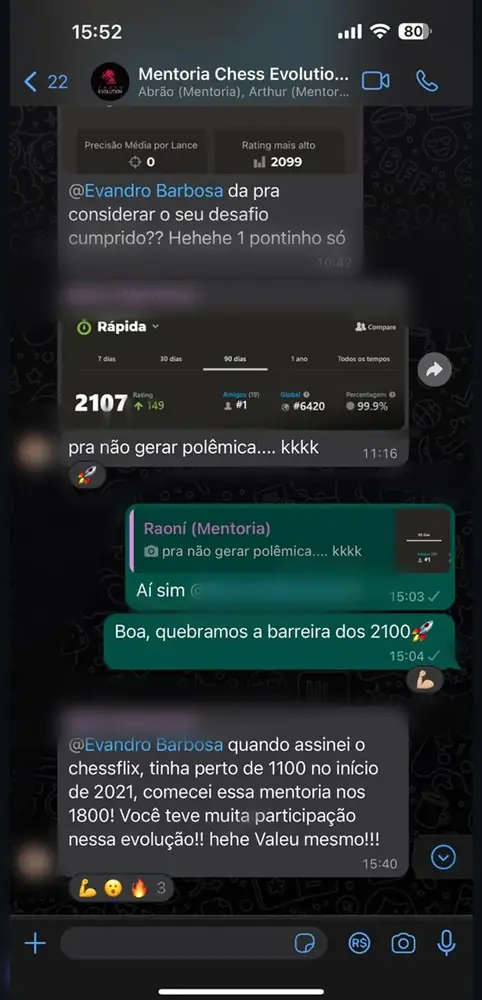 Aluno da mentoria quebra a barreira dos 2100 de rating e agradece ao GM Evandro