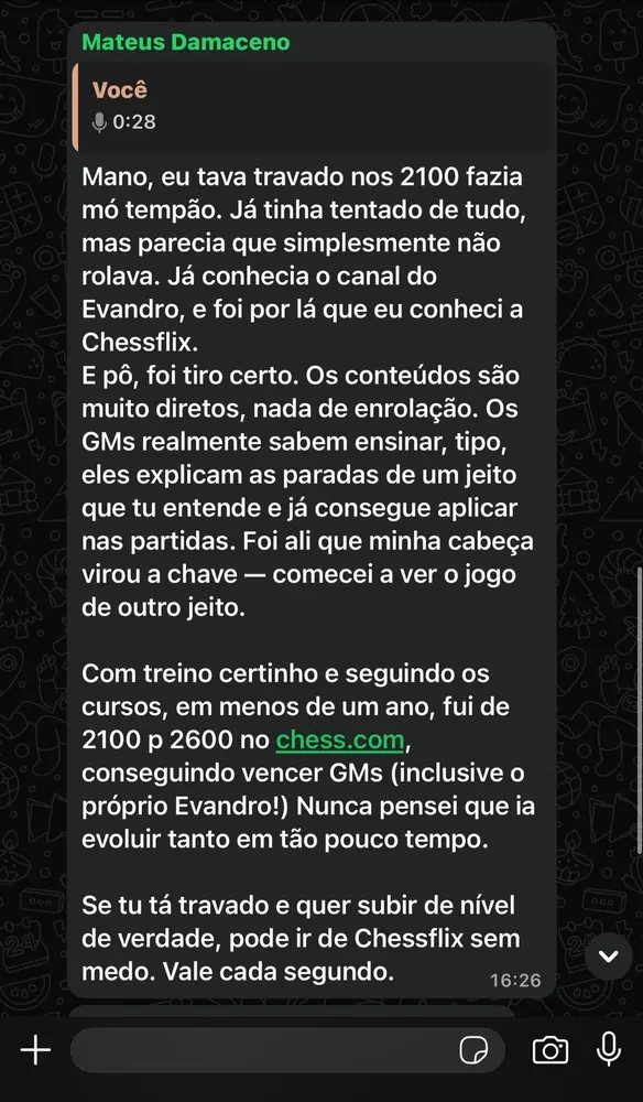 Mateus Damaceno: de 2100 para 2600 no chess.com em menos de um ano com a Chessflix